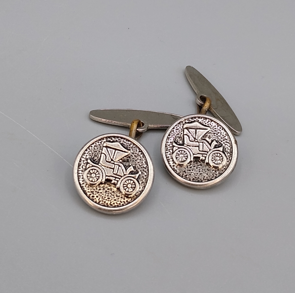 Vintage Model T Ford Car Cufflinks Silver Tone Button Back .75” Auto History